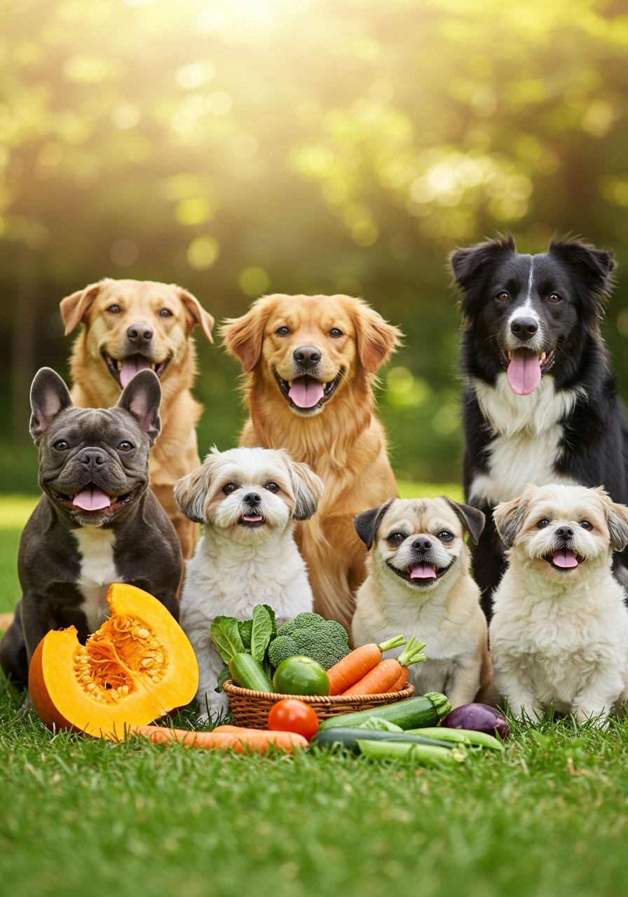 Vários cães felizes ao redor de legumes frescos