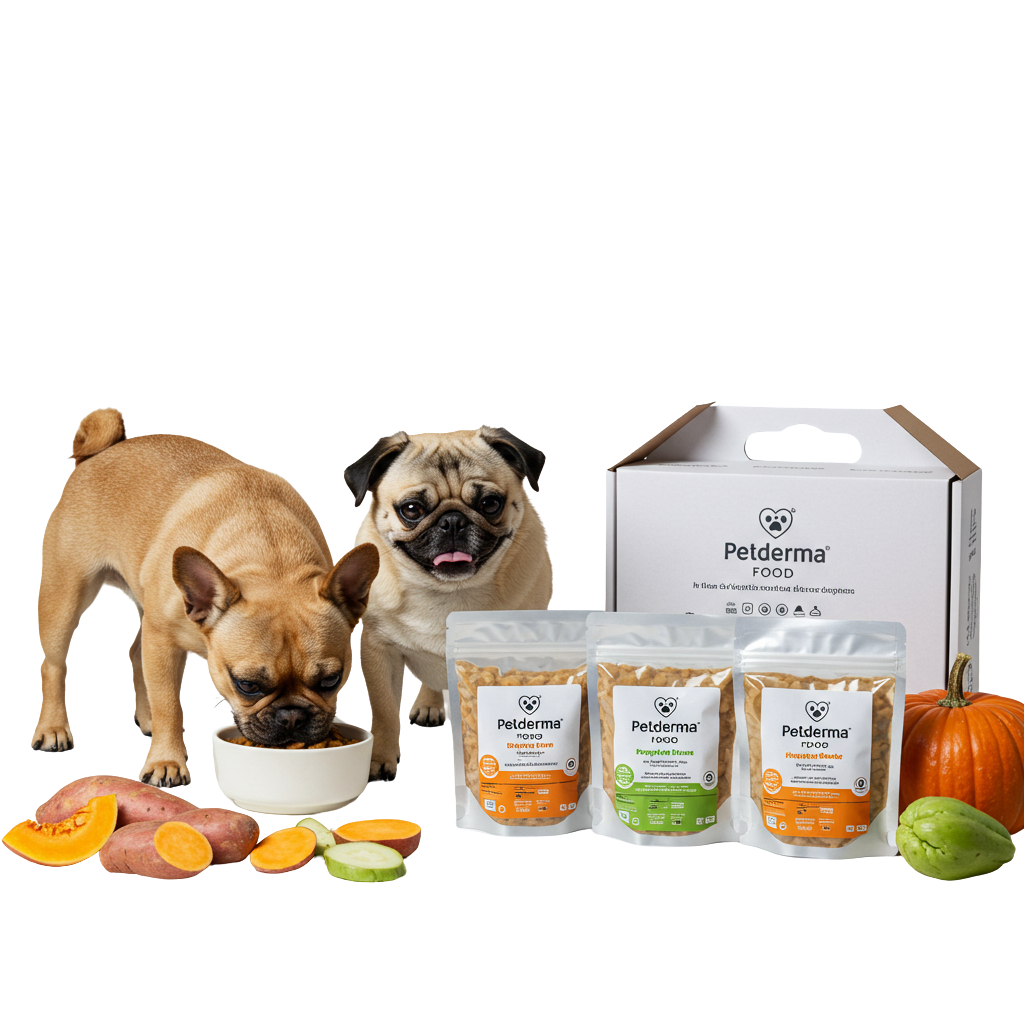 Kit Petderma Food com cães, caixa e sachês de comida natural
